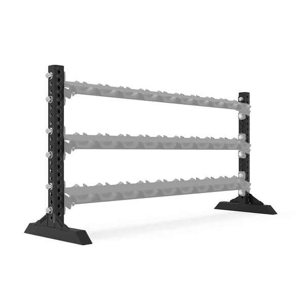 The SMAI three-tier dumbbell storage rack from the Vanta Series features a pair of Storage Legs measuring 1.1 meters, with a black frame and gray, modular design shelves. Its sturdy construction includes angled shelves for easy access and effective weight organization, making it an ideal commercial-grade storage solution for home gyms or fitness centers.