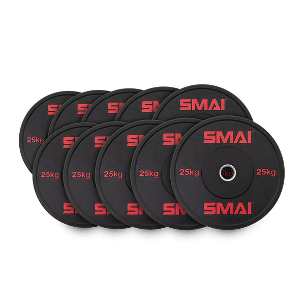 A set of HD Bumper Plates, consisting of five pairs of 25kg weights (totaling 250kg), branded with the Sale Item logo in red, are stacked in two neat rows and crafted from high-grade rubber.