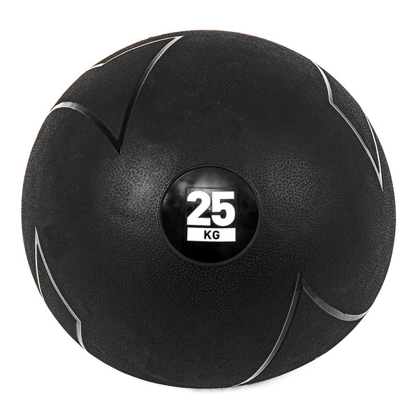 The SMAI Slam Ball, weighing 25 kg and made of durable rubber with a textured surface, is black with white markings and set against a white background.