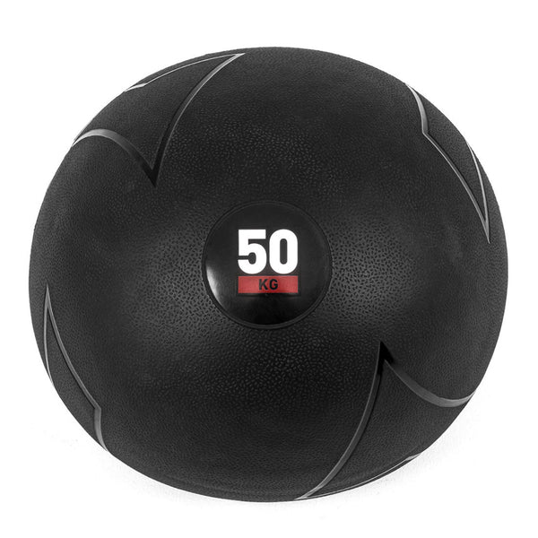 The SMAI Slam Ball is a durable black, sand-filled medicine ball with a textured surface and grey patterns. It features a bold "50 KG" on a red and black label at the center and is crafted from heavy-duty rubber for maximum performance.