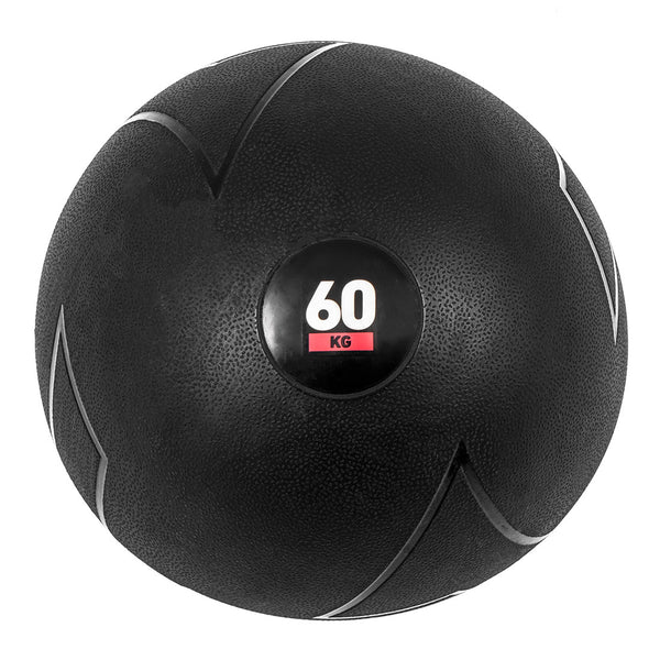 The SMAI Slam Ball Monster Set includes a robust black exercise medicine ball, designed from durable rubber and featuring a textured surface. The ball has a circular label with "60 KG" in white and red text, making it ideal for strongman training. With its curved design lines, it's perfect for use as a slam ball during intense workouts.