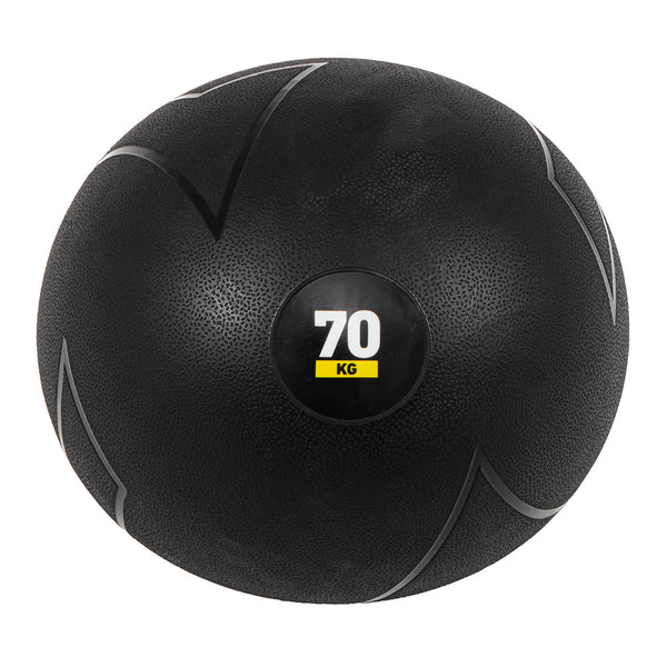 This is a black medicine ball from the SMAI Slam Ball Monster Set, featuring a durable rubber surface with gray accents. Perfect for strongman training, it has a textured design and a circular label in the center that boldly displays "70 KG" in white and yellow letters.