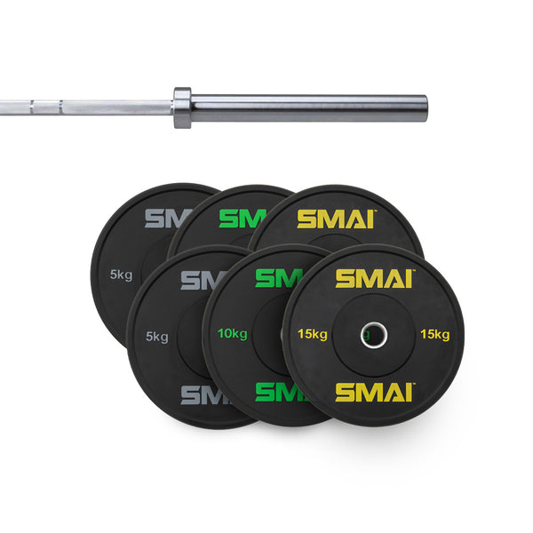 Visual of weightlifting gear displaying a silver barbell and six HD Bumper Plates in vibrant yellow and green, branded with "Sale Item." Ideal for Olympic lifting or CrossFit workouts, the plates are available in weights of 5kg, 10kg, and 15kg.