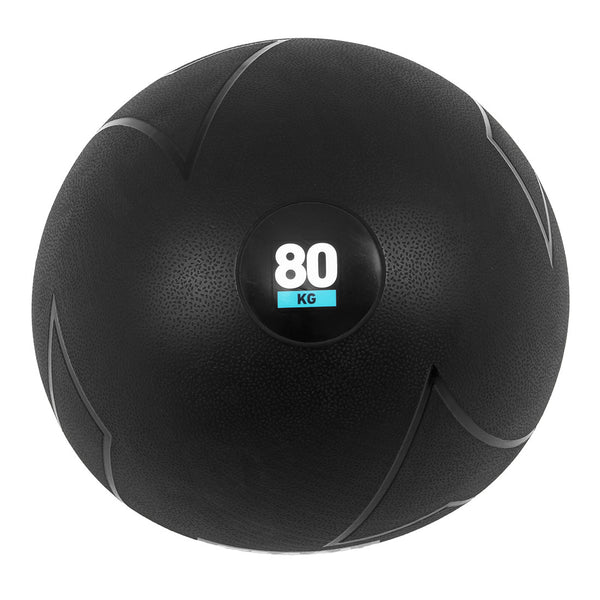 A black exercise ball from the SMAI Slam Ball Monster Set, specifically the 80kg version, features a textured surface with "80 KG" displayed in white and blue text. Ideal for strongman training, it is made from durable rubber and accented with curved gray lines for style.