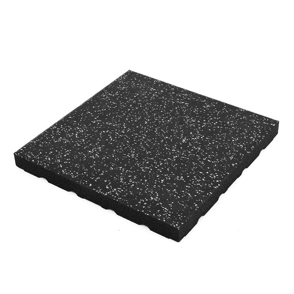 The Acoustic 50mm Rubber Gym Tile White Fleck by No Sync To Channel Engine is a black panel with white speckles, featuring a flat surface that absorbs sound. Its slightly textured, square-shaped design (500mm x 500mm) enhances acoustics in any space.