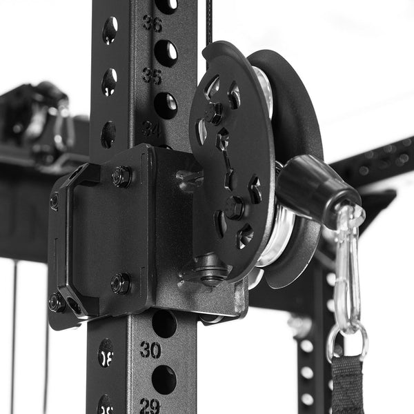close up of pully system front of rig