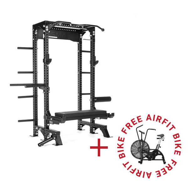 Introducing the black SMAI Half Rack Ultimate Package from the Vanta Series, a multi-functional setup complete with bench and various attachments. Highlighted in **bold red circular text** is a special offer: receive a free AirFit Bike with your purchase of the Half Rack Ultimate Package.