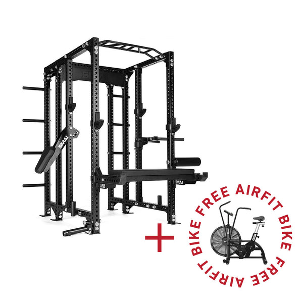 A black SMAI Power Rack Ultimate Package from the Vanta Series includes attachments such as a bench and resistance bars. Next to it is a sleek AirFit bike, and in vibrant red text, you see "FREE AIRFIT BIKE," with a plus sign effortlessly connecting the rack and bike.