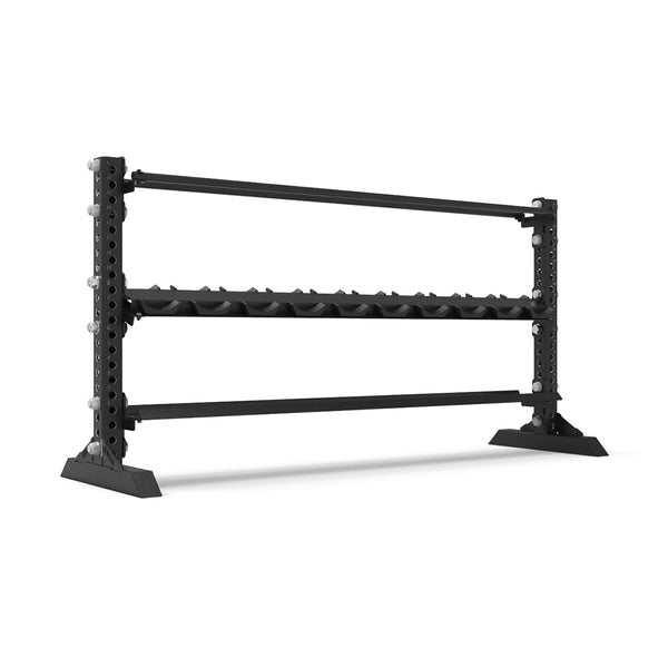 Introducing the SMAI 1.1m Multi Storage Shelf from the Vanta Series: a black, three-tier rack with a robust metal frame and triangular base, expertly designed for efficient organization of dumbbells.