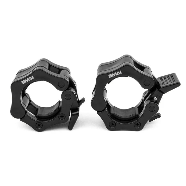 A pair of black clamp mechanism barbell collars, ideal for Olympic lifting or CrossFit sessions, ensuring secure attachment of the 160kg HD Bumper Plate Set including a 20kg barbell. These collars feature an easy-to-use lever for effortless attachment and removal, and are showcased on a plain white background. Brand: Sale Item.