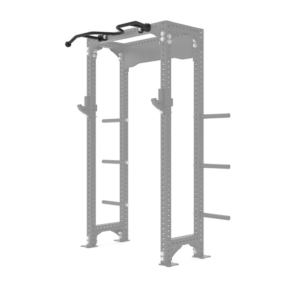 The SMAI Vanta Series, featuring the Bolt On Chin Up Bar, is a sleek gray metal power rack with multiple adjustment holes along the frame and weight holders on the sides.