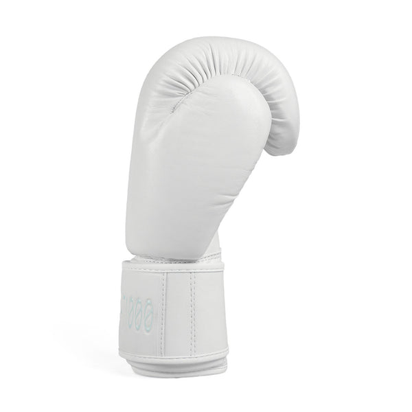 A 12oz synthetic boxing glove from the brand No Sync To Channel Engine, crafted from Syntec leather, stands upright against a plain white background, highlighting its stitching and padded texture.