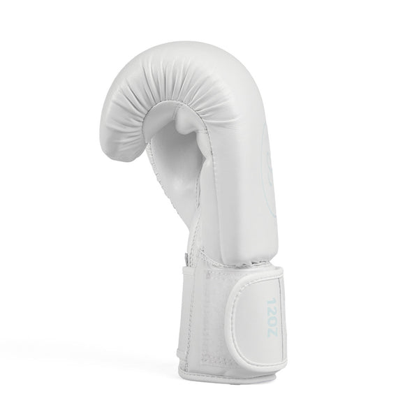 The Sweat1000 12oz Synthetic Boxing Gloves by No Sync To Channel Engine, featuring syntec leather in white with a "12 OZ" label on the wrist strap, are shown from the side against a plain white background. Ideal for cardio boxing and group training classes.