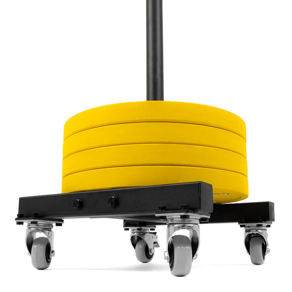 The SMAI Bumper Plate Storage Stacker with Wheels is equipped with yellow Olympic bumper plates, neatly organized on its black platform that features four caster wheels. A vertical rod extends upward from the platform, making it ideal for handling or attaching extra equipment.