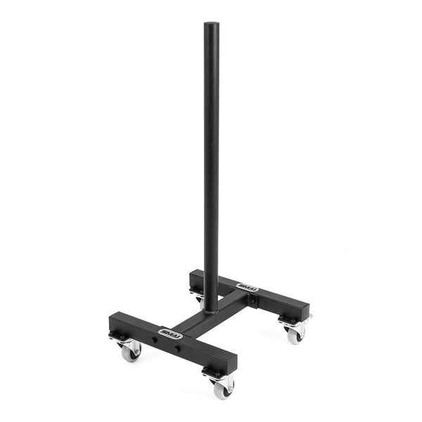 Introducing the SMAI Bumper Plate Storage Stacker with Wheels, designed with a sleek black finish and a central vertical pole, ideal for organizing or transporting Olympic bumper plates. This stacker features a T-shaped base and four caster wheels, offering a simple yet industrial look that's perfect for portable bumper plate storage.