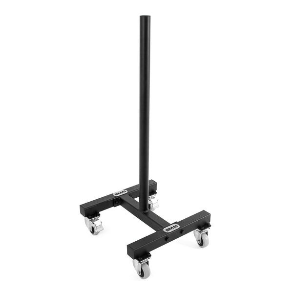 The SMAI Bumper Plate Storage Stacker with Wheels is a versatile stand with a T-shaped base and vertical pole, finished in black. It features four caster wheels for easy maneuverability, making it perfect for storing bumper plates.