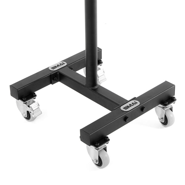 The image showcases the SMAI Bumper Plate Storage Stacker with Wheels, featuring a black metal base in a T-shaped design. It comes equipped with four swivel caster wheels, two of which have locking mechanisms, making it the perfect portable solution for storing Olympic bumper plates securely and allowing for easy mobility.