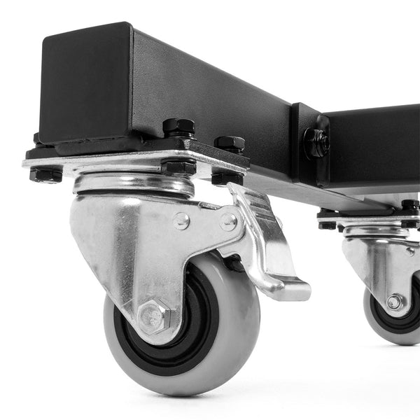 A close-up of a SMAI Bumper Plate Storage Stacker with Wheels showcases its heavy-duty swivel caster wheel, ideal for mobility. The gray rubber wheel includes a metal bracket and locking mechanism, while the black frame is bolted securely to ensure smooth movement and reliable bumper plate storage.