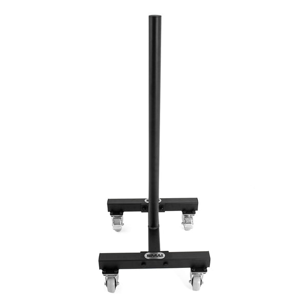 The SMAI Bumper Plate Storage Stacker with Wheels is a black, T-shaped equipment cart featuring a vertical pole mounted on a crossbar base secured with metal brackets. Designed for easy mobility and support, it includes four caster wheels and provides an ideal solution for storing bumper plates. The background is plain white.