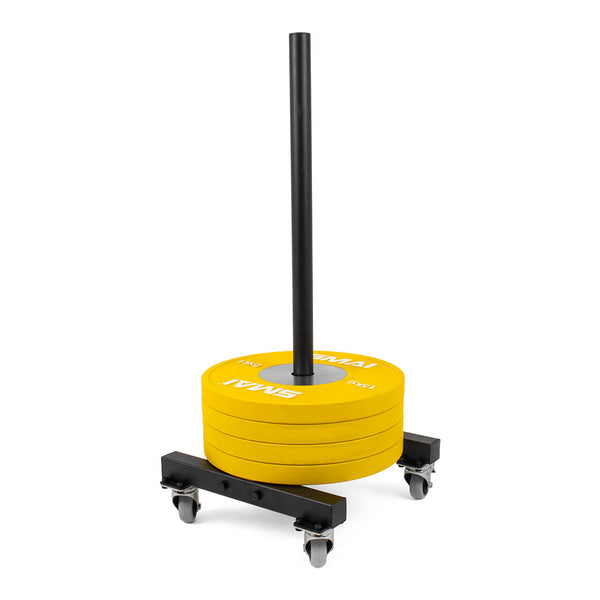 The Sled Push Workout Equipment, also known as the SMAI Bumper Plate Storage Stacker with Wheels, includes a vertical black handle and is equipped with four yellow Olympic bumper plates atop a robust black frame. Its design features four wheels for easy maneuverability and reliable performance.