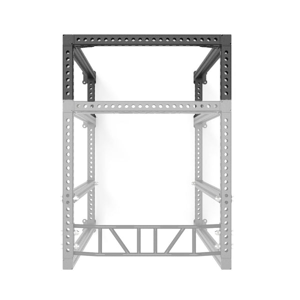 A vertically positioned metal frame with a perforated rectangular design, like the SMAI Half Power Rack Add On - Vanta Series, stands against a white background. Its industrial look with support beams and adjustable holes makes it ideal for additional rack installations.