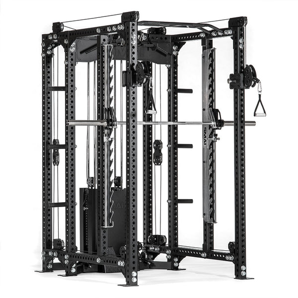 Introducing SMAI's Vanta Series All in 1 Trainer, a multi-functional power rack featuring dual cable stacks, 20cm storage pegs, and a Smith machine. This sleek black gym equipment offers metal components and adjustable features for versatile strength training.