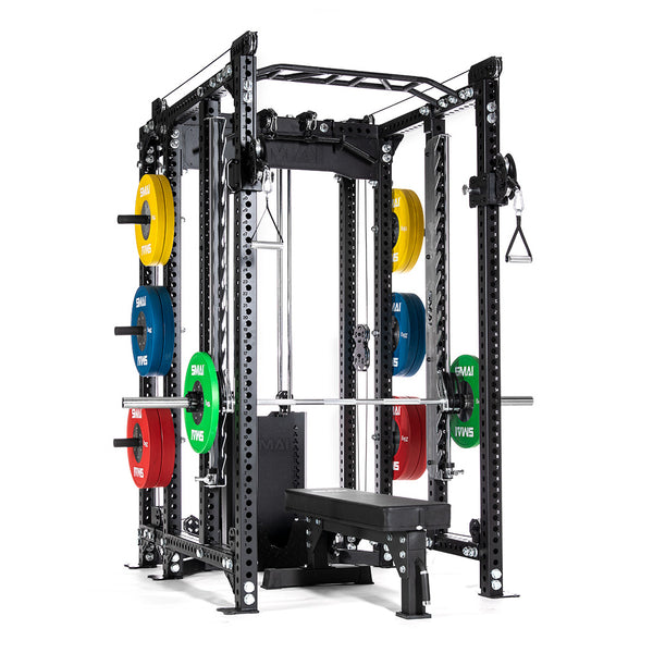 Introducing the SMAI All in 1 Trainer from the Vanta Series: a sleek gym rack with vibrant weights, bench, pulleys, cable functional trainer, dual cable stack, and Smith machine for versatile workouts against a white background.