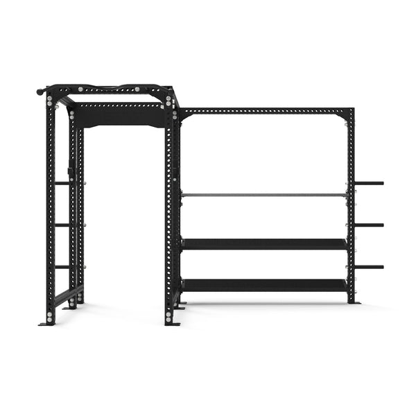 The Power Rack with Storage Wing from the Vanta Series by SMAI is a black, adjustable unit featuring multiple levels and attachments designed for weightlifting. Its robust frame makes it suitable for both home and gym environments, providing versatile exercise options alongside efficient weight storage solutions.