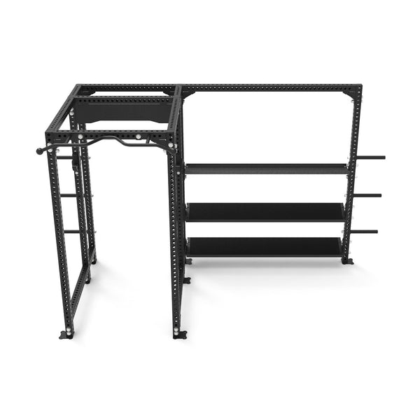 The Power Rack with Storage Wing from the Vanta Series by SMAI is a freestanding black metal workout rack featuring a pull-up bar, weight holders, and side shelves. It's perfect for organizing gym equipment and exercises, making it an ideal choice for any fitness enthusiast looking to optimize their space.