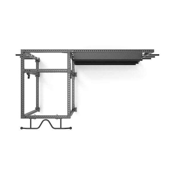 Introducing the Power Rack with Storage Wing from the Vanta Series by SMAI, available in sleek black and gray. It features adjustable horizontal and vertical frames, a flat top shelf, and a lower hook for enhanced utility. This modular design blends minimalist aesthetics with functional versatility.