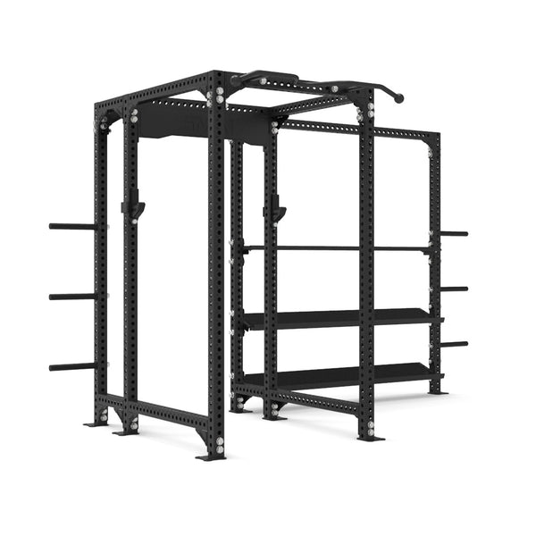 The Power Rack with Storage Wing from the SMAI Vanta Series is a black metal unit that features multiple adjustable holes, a pull-up bar, and weight plate holders. Designed for various weightlifting exercises, it offers the stability and versatility essential for effective strength training.