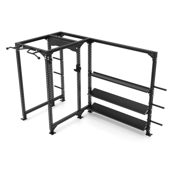 The Power Rack with Storage Wing from the Vanta Series, created by SMAI, includes a pull-up bar, ladder, and plate storage shelves. Constructed from metal with perforated beams, this gym rack is ideal for a variety of strength training exercises.