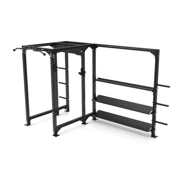 The Power Rack with Storage Wing from the Vanta Series by SMAI is a black metal rack designed for weightlifting and fitness training, featuring multiple horizontal and vertical bars. It includes adjustable components for various exercises and offers shelving on one side for convenient storage.