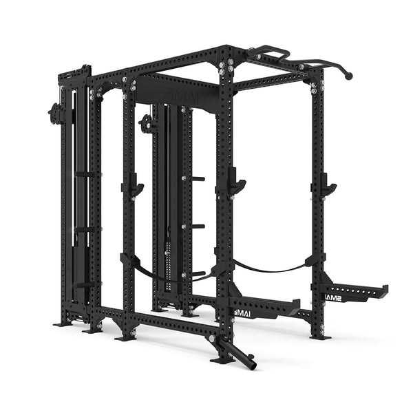 The black SMAI Power Rack with Dual Cable Tower Add Ons and 20cm Storage Peg from the Vanta Series features adjustable components for strength training, including a pull-up bar, weight storage, and cable attachments for versatile workouts.