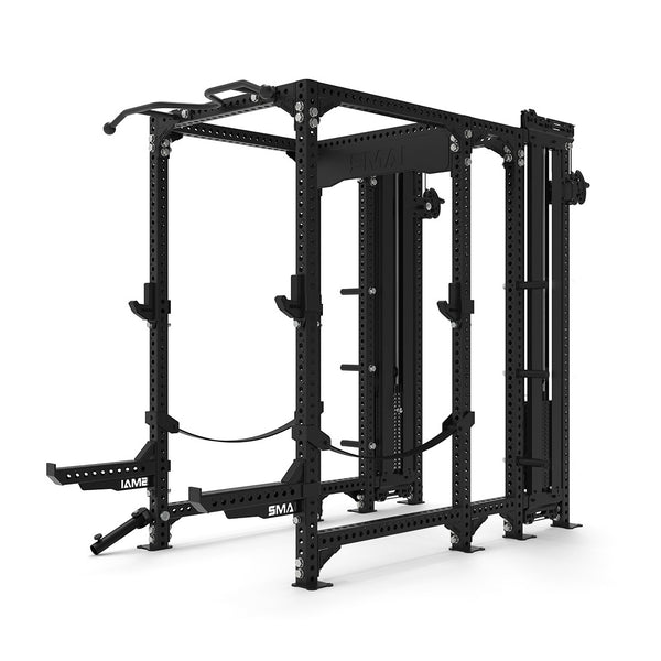 The SMAI Power Rack with Dual Cable Tower Add Ons and 20cm Storage Peg from the Vanta Series is a multifunctional black rack perfect for weightlifting and strength training, featuring adjustable components, a pull-up bar, storage for weight plates, and versatile workouts tailored to your fitness needs.