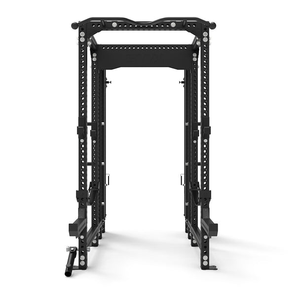 The SMAI Power Rack from the Vanta Series, in sleek black metal, includes dual cable tower add-ons and a 20cm storage peg. It features adjustable safety bars and multiple height options with an integrated pull-up bar, ensuring it's ready to elevate your training regimen.