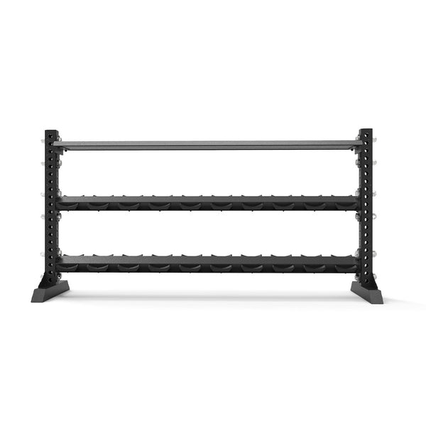 The 1.1m Storage Shelf from the Vanta Series by SMAI showcases a sturdy and minimalist design in sleek black metal. Each tier includes evenly spaced slots for secure dumbbell storage. Featuring angled legs for enhanced stability, this empty shelf stands elegantly against a plain white background.