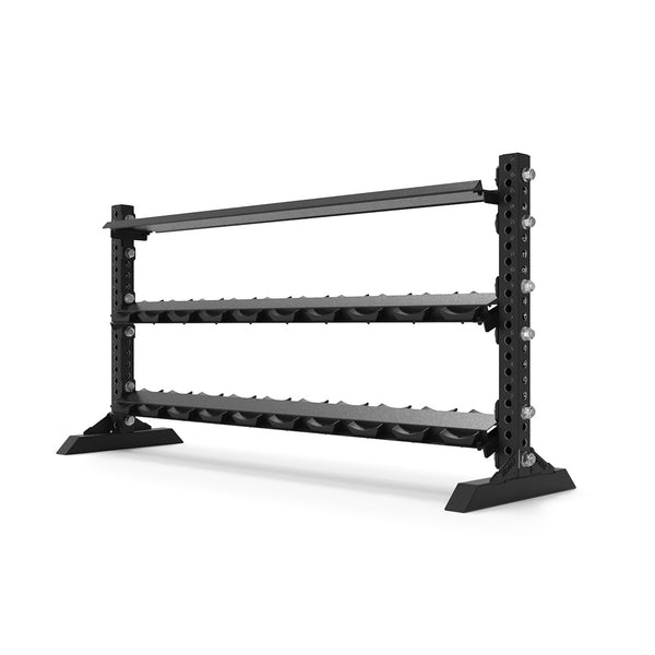 The SMAI Vanta Series 1.1m Storage Shelf is a sleek black, three-tier metal dumbbell rack designed with angled shelves to accommodate multiple sets of dumbbells. It features a robust rectangular frame with bolt holes for flexible placement and rests on a smooth white base, making it an ideal addition to any home gym.