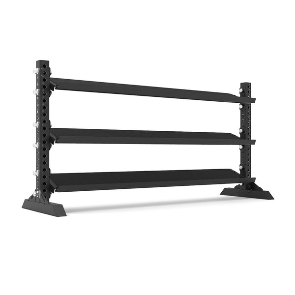 The Rubber Hex Dumbbell Set ranging from 5kg to 40kg, part of the Vanta Series by SMAI, includes a black three-tier rack designed with angled shelves for optimal dumbbell storage. Its robust frame features bolted supports, ensuring long-lasting durability. Set against a white background, it is ideal for organizing your rubber hex dumbbells.