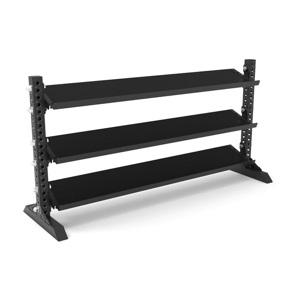 The 1.1m Dumbbell Storage Shelf from the SMAI Vanta Series features a three-tier black steel design with angled shelves and a sturdy base, perfect for organizing weights in any gym or home workout space within the Power Rack Series setup.