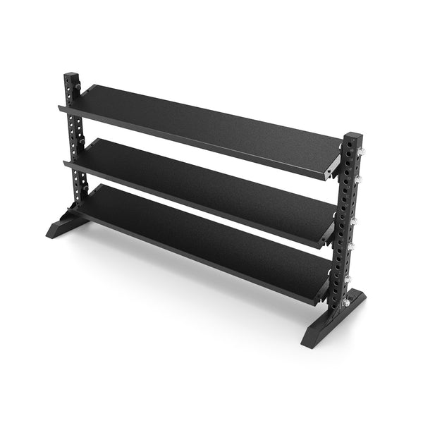 Presenting the SMAI 1.1m Dumbbell Storage Shelf from the Vanta Series: a three-tier black metal rack featuring perforated side supports and angled shelves, combining robust construction with modern design to enhance your fitness area.