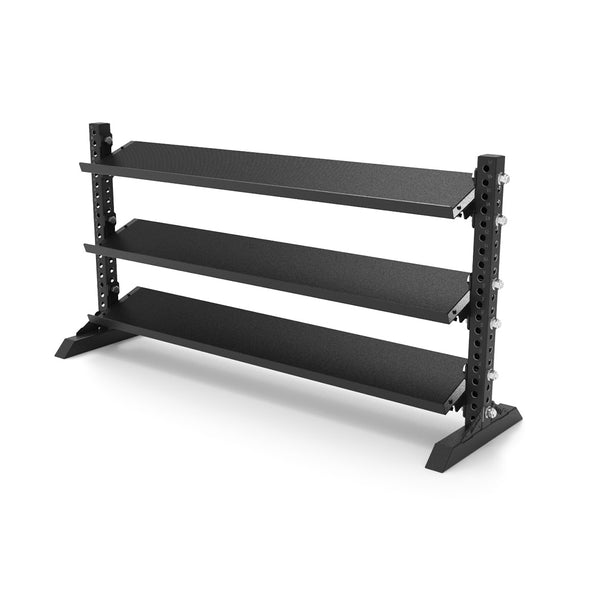 The Rubber Hex Dumbbell Set 5kg - 40kg with Rack from the SMAI Vanta Series includes a black, three-tiered rack with a sturdy metal frame and angled legs, ideal for displaying Rubber Hex Dumbbells. This sophisticated design stands out against a plain white background, adding elegance to any gym space.