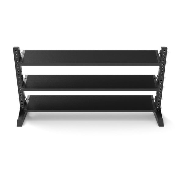 The SMAI 1.1m Dumbbell Storage Shelf from the Vanta Series boasts a black, three-tier design with a sturdy metal frame and adjustable shelves, ideal for dumbbells. Set on a white backdrop, its empty structure highlights its spacious and minimalist appeal.