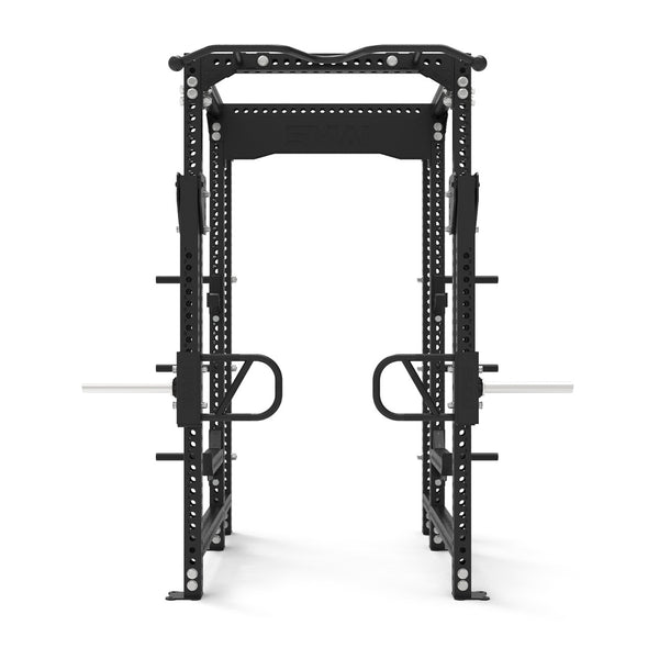 The SMAI Vanta Series power rack in black, combined with adjustable jammer arms attachment, offers multiple barbell positions and safety spotters. Its sturdy frame, complete with various slots for attachments, makes it perfect for weightlifting exercises in both home and commercial gyms.