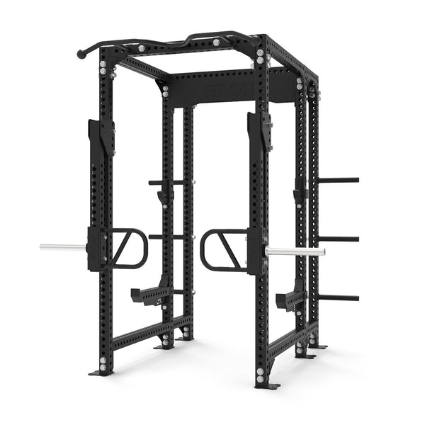 The Vanta Series Jammer Arms Attachment by SMAI complements the robust metal frame of the power rack, which includes adjustable safety bars and weight plate holders. This setup is ideal for strength training exercises such as squats and bench presses, and also comes with pull-up and dip attachments to enhance workout versatility.