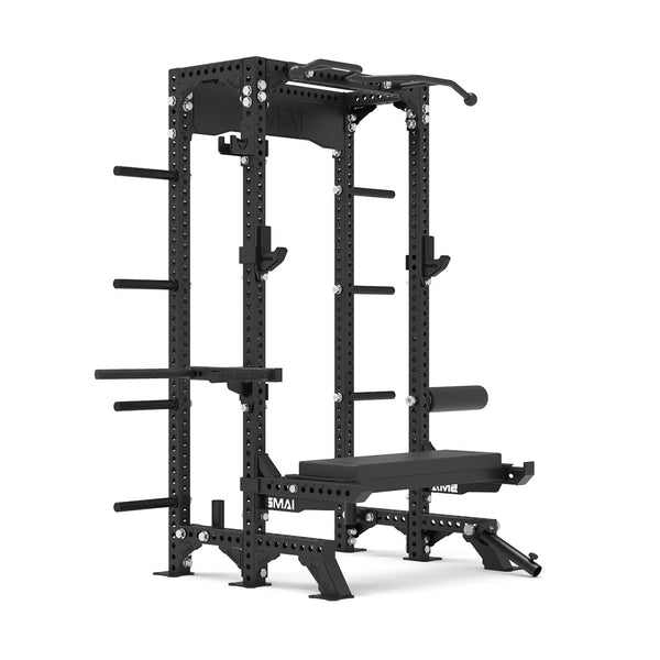 The SMAI Half Rack Ultimate Package from the Vanta Series is a black metal power rack that comes with adjustable barbell hooks, safety pins, and a pull-up bar. It features weight plate holders on the sides and its robust design is compact yet ideal for a wide range of strength training exercises.