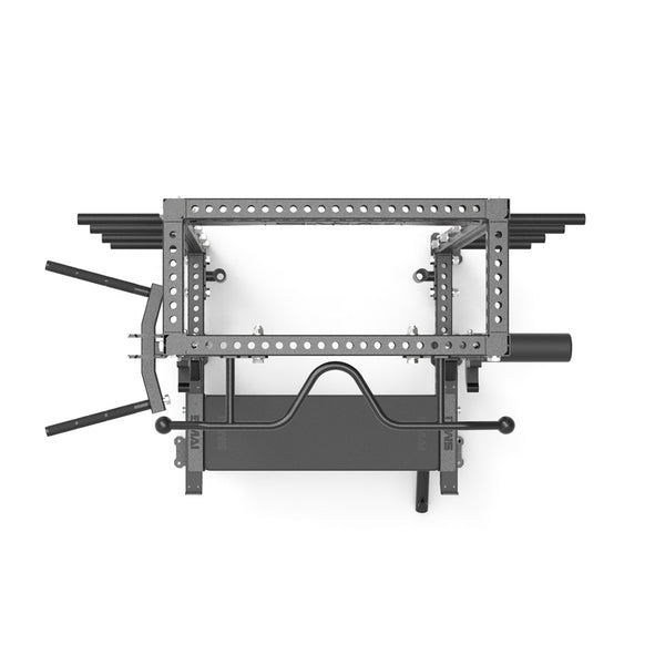 Top view of the SMAI Half Rack Ultimate Package from the Vanta Series, a versatile piece of exercise equipment featuring a robust metal frame, adjustable bars, and multiple attachments for strength training. Its industrial design includes compact weight tracking options and customizable hole placements for optimal functionality.