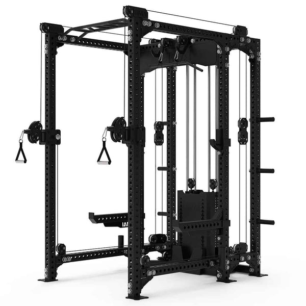 The SMAI Vanta Series Power Rack with Cable Stack Accessories and 20cm Storage Pegs includes pull-up bars, weight plate holders, adjustable cable pulleys, and various handles, making it perfect for strength training exercises in a gym setting.