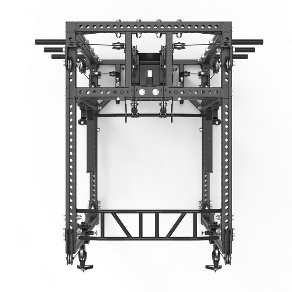 Overhead view of SMAI cable conversion kit installed on a power rack