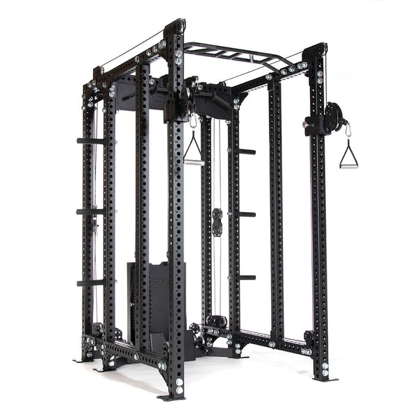 Introducing the SMAI Vanta Series Power Rack, a black marvel featuring cable stack accessories, pulley attachments, and adjustable elements for strength training. This durable steel frame includes pull-up bars, 20cm storage pegs, cable handles, and a perforated design for superior performance.